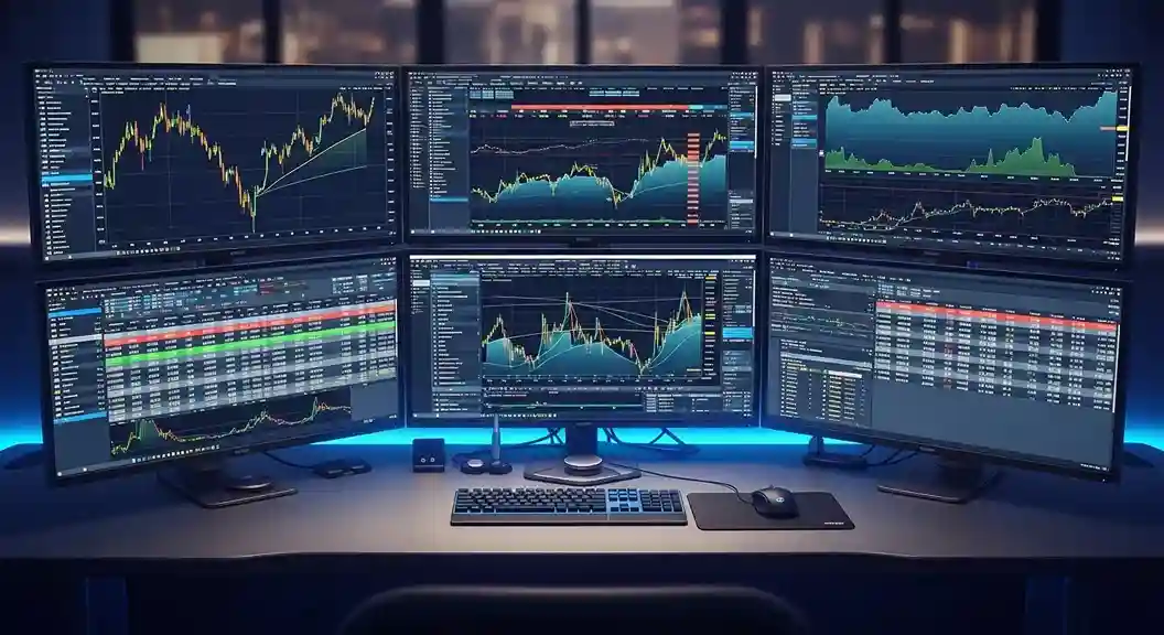 Setup profesional con múltiples monitores para análisis de apuestas