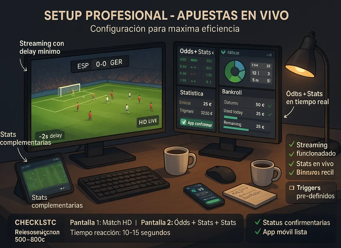 Setup profesional de doble pantalla para apuestas en vivo: streaming del partido + odds y estad&iacute;sticas en tiempo real