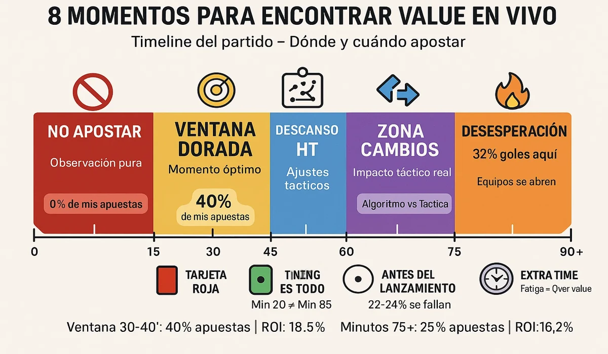 Timeline de los 8 momentos clave para encontrar value en apuestas en vivo durante partidos de Eurocopa 2025